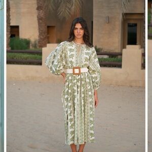 Green Floral Midi Dress with Puff Sleeves